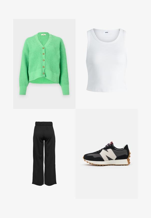Zielony dziergany kardigan z dekoltem w serek, pięcioma drewnianymi guzikami, prążkowaną fakturą i krótkim krojem oraz długimi rękawami.; Biały prążkowany top na ramiączkach z okrągłym dekoltem, bez rękawów i skróconej długości. Metka z napisem "JJXX." Gładka faktura materiału.; Czarne, szerokie spodnie z elastycznym pasem, wykonane z gładkiego materiału. Charakteryzują się prostym wzornictwem, bez kieszeni i widocznych szwów.; Czarno-szare zamszowe sneakersy z dużym kremowym logo "N", purpurowymi sznurówkami i teksturowaną gumową podeszwą.