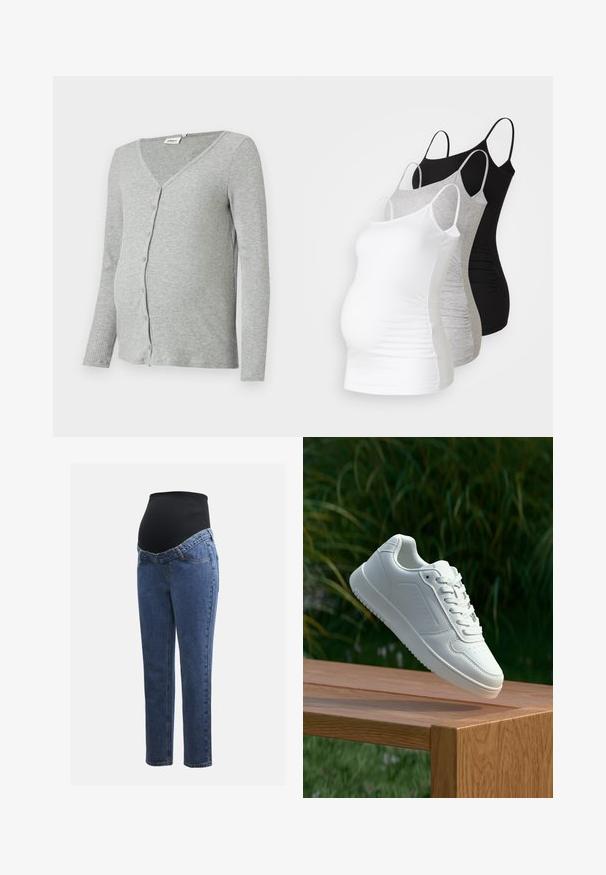 Cárdigan de maternidad gris con canalé, de manga larga, escote en V y cierre de botones en la parte delantera. Textura suave con forma ajustada.; Tres camisetas de maternidad sin mangas en blanco, gris y negro. Fabricadas con tejido elástico, tienen tirantes ajustables y costuras laterales fruncidas para mayor comodidad.; Jeans de maternidad con piernas de denim azul y un panel abdominal elástico negro diseñado para soportar y cubrir una barriga en crecimiento.; Zapatilla blanca con un upper sintético suave, caja de dedos perforada, cordones planos y una suela texturizada, exhibida sobre una superficie de madera.