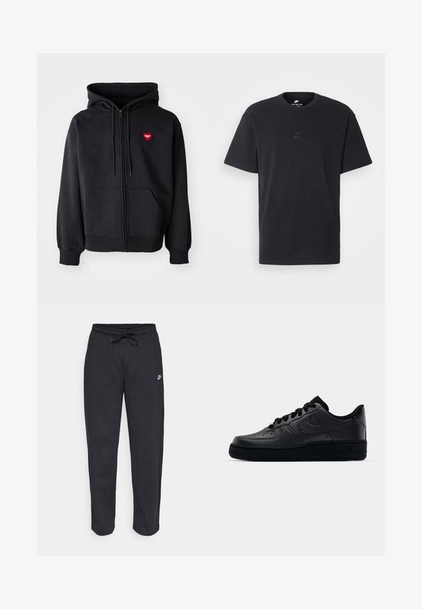 Felpa nera con zip, realizzata in un mix di cotone, con tasca frontale e logo a cuore rosso sul lato sinistro del petto. Texture liscia, cappuccio regolabile con coulisse.; T-shirt in cotone nero della Nike con collo rotondo classico, maniche corte e un logo in rilievo discreto sul petto. Texture liscia.; Pantaloni della tuta neri realizzati in tessuto morbido con vita elastica, coulisse e un piccolo logo Nike sulla coscia sinistra.; Sneaker Nike Air Force 1 nera con tomaia in pelle liscia, punta perforata per la traspirabilità, lacci neri e suola in gomma testurizzata.