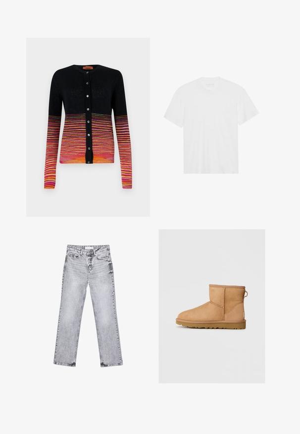 Czarny kardigan z gradientem poziomych pasków w kolorach różowym, pomarańczowym i żółtym. Posiada okrągły dekolt i zapięcie na guziki.; Biała bawełniana koszulka z krótkim rękawem, okrągłym dekoltem i prostym dołem. Gładka faktura, minimalistyczny design bez wzorów i akcentów.; Szare dżinsy o prostym kroju nogawki, z przetarciami, pięcioma kieszeniami i miedzianymi nitami. Pasek w talii posiada metkę z logo.; Beżowe zamszowe botki za kostkę z okrągłym noskiem, przeszyciami, z pętelką z tyłu i teksturowaną gumową podeszwą. Zaprojektowane z myślą o komforcie i ciepłocie.