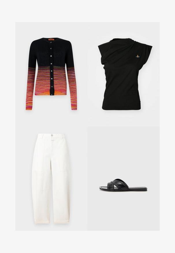 Black cardigan with a gradient of horizontal stripes in pink, orange, and yellow. Features a round neckline and button closure.; Vivienne Westwood HEBO - Basic T-shirt - black; CLOSED RHANNON - Wide Leg - ivory; Black slide sandals with a smooth leather finish, featuring crisscross straps and cut-out details, and a flat, flexible sole.
