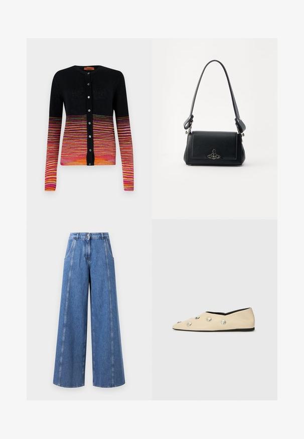 Melnā kardigāna ar horizontālām svītrām, kurām ir gradienta pāreja no rozā uz oranžu un dzeltenu. Tam ir apaļa apkakle un pogu aizdare.; Balts ribots topiņš ar apaļu kakla izgriezumu, kuram ir plāna tekstūra un ādas etiķete blakus plecam.; Platas kājas zilo denimu bikses ar augstu jostu, izteiktu šuvju dizainu un gludu apdari bez kabatām.; CLOSED Balerīnas laiviņas - ecru; Melnas ādas rokassoma ar teksturētu virsmu, taisnstūrveida forma, regulējama siksna un metāla logotipa akcenti priekšpusē.
