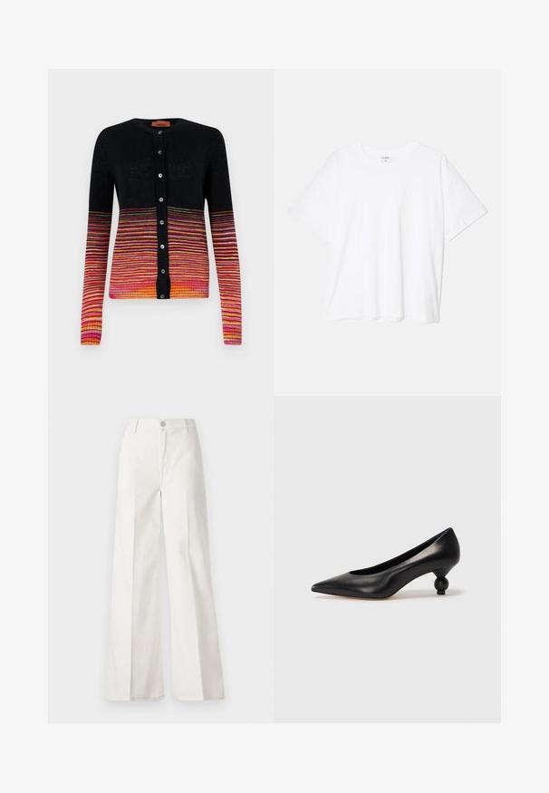 Fekete kardigán vízszintes csíkok fokozatos árnyalataiban rózsaszín, narancs és sárga színben. Kerek nyakkivágással és gombos zárással rendelkezik.; Fehér pamut póló rövid ujjal, kerek nyakkivágással, laza fazonnal és varrott szegéllyel. Címke látható a belső nyakrészén.; Fehér, bővebb nadrág, amely pamutból készült, sima textúrával. Elöl gombbal, cipzáras záródással és négy zsebes kialakítással rendelkezik.; Fekete bőr magassarkú cipő, hegyes orral és kerek, gömbölyű sarokkal. Simább textúrával, elegáns, minimalista dizájnnal.