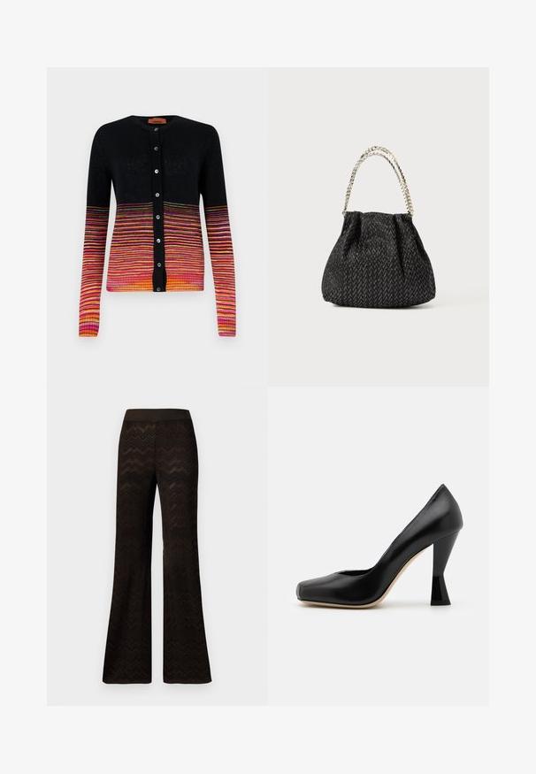 Black cardigan with a gradient of horizontal stripes in pink, orange, and yellow. Features a round neckline and button closure.; Missoni Polo shirt - multicolor/red/pink/blu; Wide-leg black pants with a zigzag knit pattern and elastic waistband, displayed against a plain white background.; Black leather high-heeled shoe with a square toe and a uniquely shaped glossy black heel. Smooth texture and simple design.; Black textured handbag with a herringbone pattern, gathered design, and a metallic chain handle. Soft fabric offers a sleek appearance.