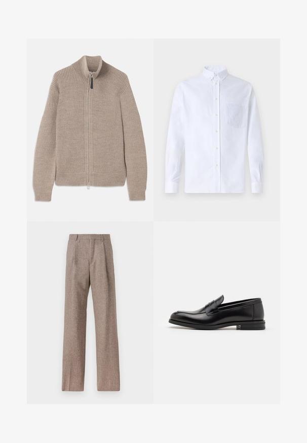 Bežs adīts džemperis ar rāvējslēdzēju, ar ribotu tekstūru, augstu apkakli un garām piedurknēm. Iezīmējas ar metāla rāvējslēdzēju un bez papildu rakstiem.; Balts garo piedurknēm krekliņš ar pogām, izgatavots no kokvilnas, ar krūšu kabatu ar tonālu izšuvumu, apkakli un pogām pie piedurknēm.; Brūni, augstos šortos izgatavoti no teksturēta auduma. Iezīmē plašas kājas un divas priekšējās krokas, kas nodrošina struktūru. Kārtīga apdare bez redzamām detaļām.; Melnas ādas kurpes ar gludu tekstūru, noapaļu purngalu un dekoratīvu siksniņu pāri priekšpusei. Zems sakrauts papēdis, minimālisma dizains.