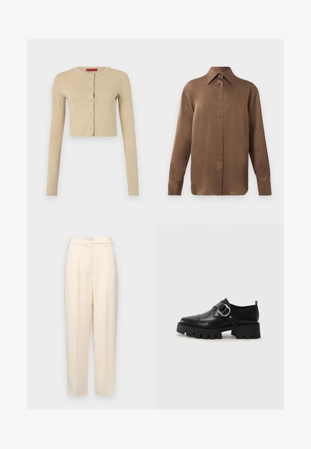 Beige cropped cardigan lavet af blødt materiale, med rund hals, lange ærmer og en række af seks knapper ned foran.; Brun langærmet skjorte med knapper, spids krave og manchetter, vist mod en simpel hvid baggrund.; Beige skræddersyede bukser med en lige pasform, der har folder i fronten, en glat tekstur og en mellemhøj talje. Ingen synlige lommer.; Sorte lædersko med en kraftig, rillede sål, der har en cirkulær sølvhardware accent og minimal syningsdetalje.