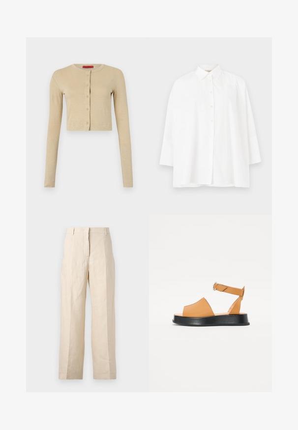 Beige kort cardigan laget av mykt materiale, med rund hals, lange ermer og en rad med seks knapper foran.; Hvit skjorte med klassisk krage, lange ermer og avslappet passform. Glatt bomullsstoff uten synlige mønstre eller detaljer.; Beige linbukser med løs passform, plisserte foran og rett ben. Har en midjebånd med beltehemper og ingen synlige lommer.; Brune lær sandaler med bred forkant, åpen tå, justerbar stropp og tykk sort plattformsåle. Glatt tekstur og minimalistisk design.