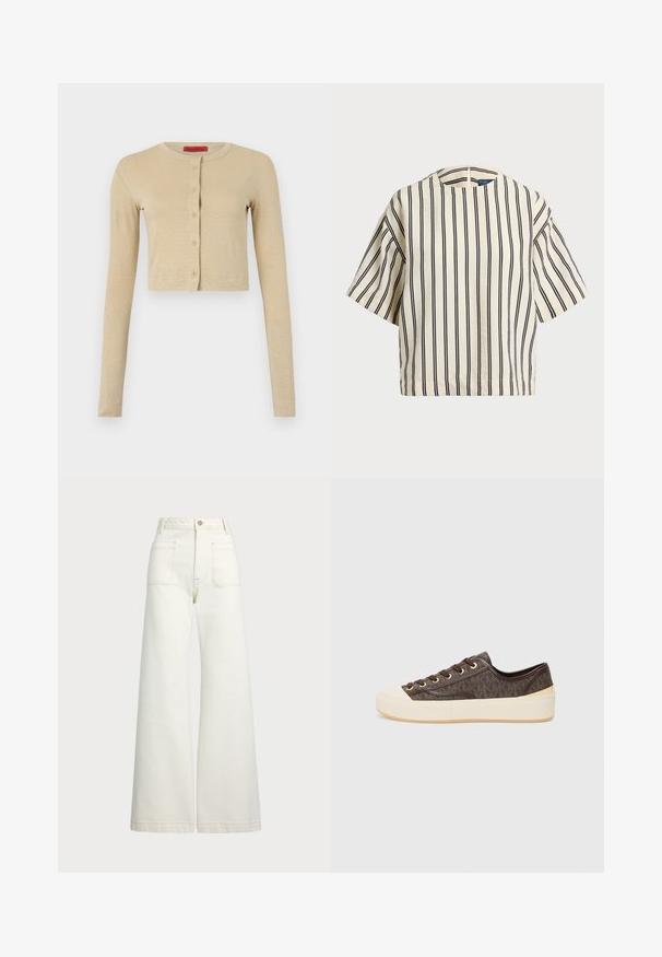 Bež kratki kardigan od mekanog materijala, s okruglim izrezom, dugim rukavima i redom od šest dugmadi sprijeda.; Kratki rukavi, prugasti top u krem i tamnoplavoj boji, sa okruglim izrezom i kutijastim dizajnom od teksturirane tkanine.; Široke traperice u boji krem-paleža. Visoki struk s kopčanjem na dugme, dva prednja džepa i kontrastni šavovi.; Smešaste platnene tenisice smeđe boje sa zlatnim rupicama, vezanjem na vezicu i bijelim gumennim zaštitnikom za prste i potplatom. Ovaj model ima teksturiranu završnicu.
