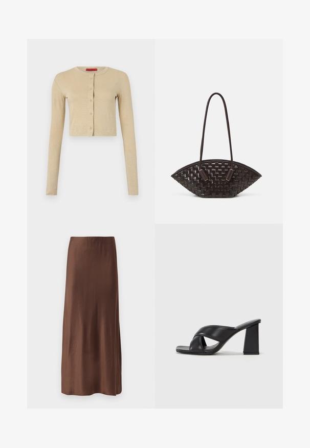 Bežový skrátený kardigán vyrobený z jemného materiálu, s okrúhlym výstrihom, dlhými rukávmi a radom šiestich gombíkov na prednej strane.; Hnedá saténová košeľa s klasickým golierom, dlhými rukávmi a predným zapínaním na gombíky. Výrazná pre svoj hladký povrch a priliehavý strih.; Hnedá saténová midi sukňa s hladkou textúrou, s rovnými líniami a bez viditeľných vzorov alebo ozdôb. Jednoduchý a elegantný dizajn.; MAX&Co. SOHO - Sandále na vysokom opätku - schwarz; THEMOIRè OLIMPIA - Kabelka - fondant
