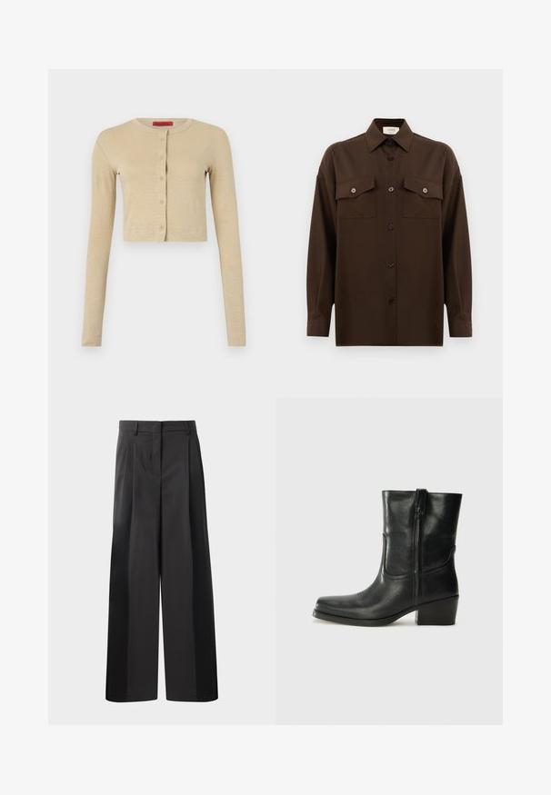 Cardigan corto beige realizzato in materiale morbido, con collo rotondo, maniche lunghe e una fila di sei bottoni sulla parte anteriore.; Camicia marrone scuro a maniche lunghe con bottoni, dotata di due tasche a pattina sul petto e colletto classico, mostrata su uno sfondo bianco uniforme.; Pantaloni neri a gamba larga con vita alta, caratterizzati da pieghe frontali, una texture liscia e una finitura sartoriale. Progettati per un fit rilassato.; Stivale ankle in pelle nera con punta arrotondata, tacco a blocco, cerniera laterale e dettagli in cucitura sulla tomaia. Texture liscia, design classico.