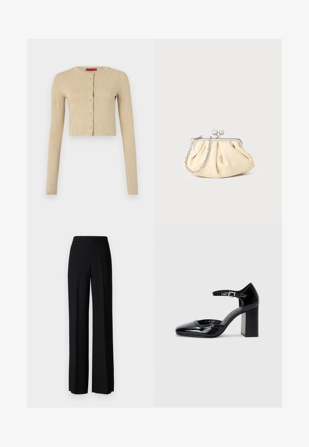 Cardigan beige cropped en matière douce, avec un col rond, des manches longues et une rangée de six boutons sur le devant.; Débardeur sans manches de couleur beige clair en tissu côtelé, avec un col rond et un design épuré et minimaliste.; Pantalons noirs à jambes larges avec une texture lisse, dotés d'une taille haute et de plis centraux. Pas de motifs visibles ni de détails en matériel.; Chaussures à talons hauts en cuir verni noir avec un bout carré, une bride de cheville et un talon épais. Comprend des détails perforés le long du bord.; Pochette en cuir beige plissé avec un cadre en métal argenté, dotée de deux fermoirs ronds décoratifs et d'une chaîne en argent.