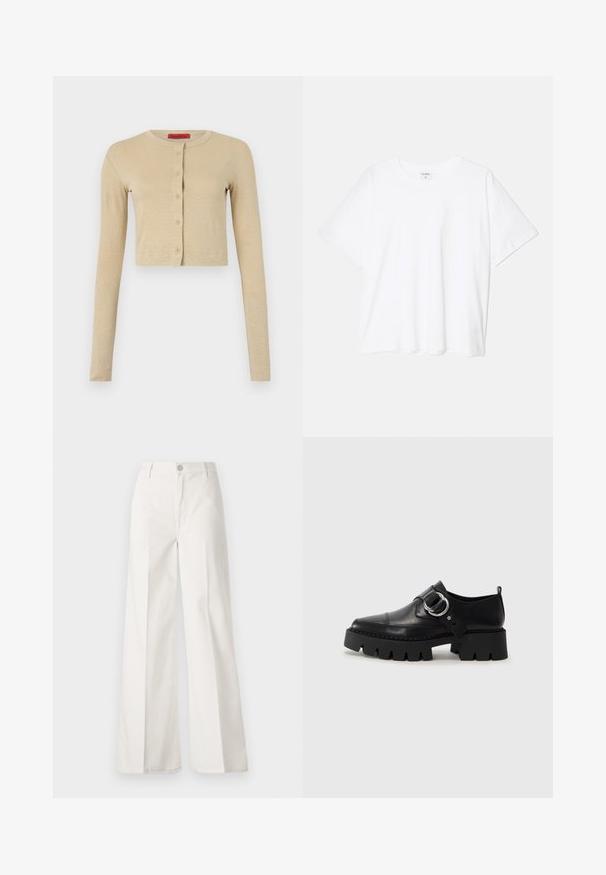 Beige kort cardigan laget av mykt materiale, med rund hals, lange ermer og en rad med seks knapper foran.; Hvit bomulls t-skjorte med korte ermer, rund hals, avslappet passform og sydd kant. Merke synlig på innsiden av halsen.; Hvite vide bukser laget av bomull med en glatt tekstur. Har en frontknapp, glidelåsgylf og fire lommer.; Sorte læringssko med en kraftig ribbet såle, som har en sirkulær sølvfarget detalj og minimal sømdekorasjon.