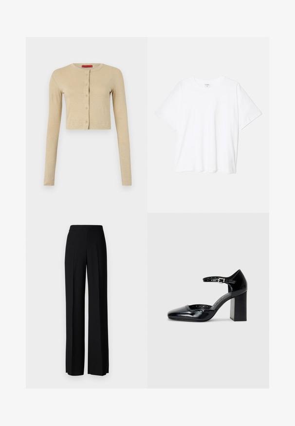 Beige kort cardigan laget av mykt materiale, med rund hals, lange ermer og en rad med seks knapper foran.; Hvit bomulls t-skjorte med korte ermer, rund hals, avslappet passform og sydd kant. Merke synlig på innsiden av halsen.; Sorte vidde bukser med en glatt tekstur, med høy midje og sentrale folder. Ingen synlige mønstre eller maskinvaredetaljer.; Sorte lakk lær høye hæler med firkantet tå, ankelrem og chunky hæl. Inkluderer perforerte detaljer langs kanten.