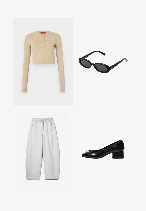 Cardigan beige cropped en matière douce, avec un col rond, des manches longues et une rangée de six boutons sur le devant.; T-shirt blanc uni à manches courtes et col ras du cou, ajusté, présenté à plat sur un fond blanc.; Pantalons de survêtement gris clair avec une coupe décontractée, taille élastique, cordelette de serrage et poches latérales ; fabriqués à partir d'un tissu doux et texturé.; Escarpin en cuir verni noir avec un bout arrondi, un petit talon carré et un accent nœud à l'avant. Texture lisse avec une finition brillante.; Lunettes de soleil noires surdimensionnées avec des verres ovoïdes, monture en plastique lisse et accents dorés sur les tempes. Les verres sombres offrent une protection contre le soleil.; Sac à main en cuir bleu marine avec deux longues poignées, un détail de boucle et un porte-clés accroché. Il présente une texture lisse et une forme rectangulaire.