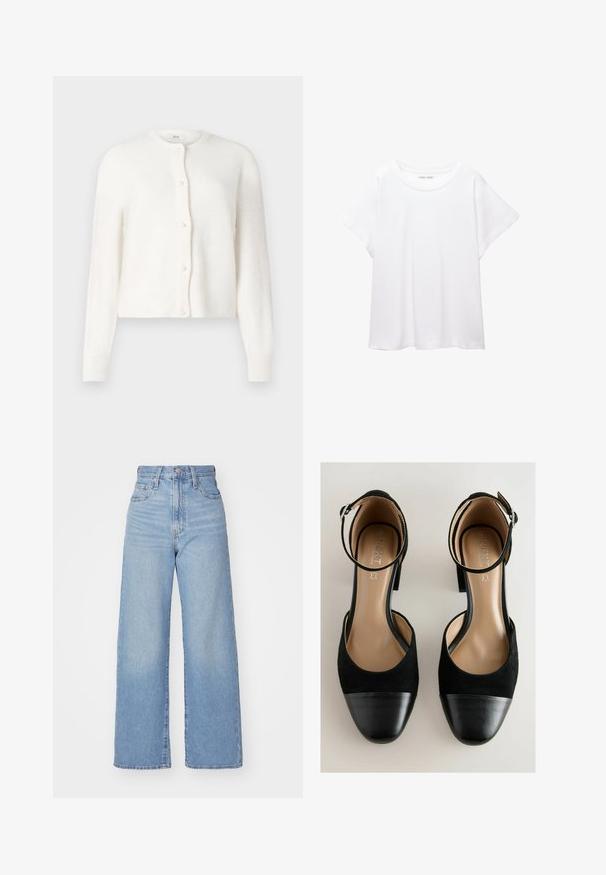 Vit ribbad cardigan med rund hals, långa ärmar och sex pärlknappsdetaljer fram. Mjuk textur och kortat passform.; Vit t-shirt som är gjord av mjukt, lätt tyg. Har en rund halsringning och korta, vida ärmar med en avslappnad passform. Inga synliga mönster.; Ljusblå högmidjade vida jeans med knapp- och dragkedjestängning, fram- och bakfickor, mot en vit bakgrund.; Svarta högklackade skor med ankelrem, med en överdel av mocka och en blank svart tåskydd, visade uppifrån på en ljus bakgrund.