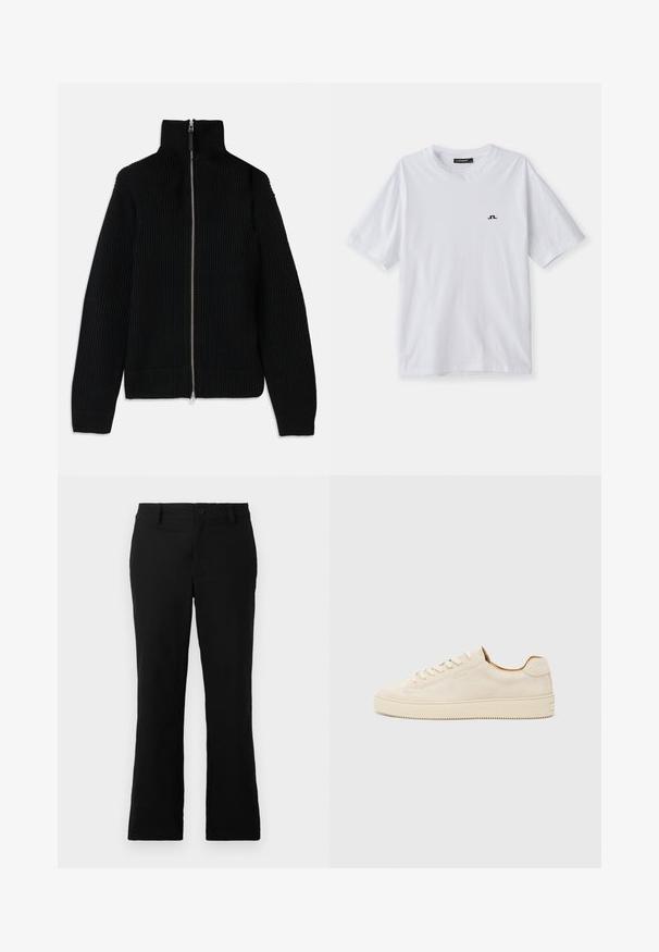 Sweater de malha canelada preta com gola alta, fecho de correr à frente e punhos ajustados. Superfície texturizada e formato aerodinâmico.; T-shirt de algodão branca com decote redondo e mangas curtas, apresentando um pequeno logotipo preto no peito. Textura suave e corte descontraído.; Calças flare pretas feitas de um tecido de algodão misto, com fecho de botão, passantes para cinto e uma textura suave sem padrões visíveis.; Sapatilhas de camurça bege com um design de cano baixo, bico redondo, atacadores planos e uma sola de borracha texturizada. Estilo minimalista sem logótipos visíveis.