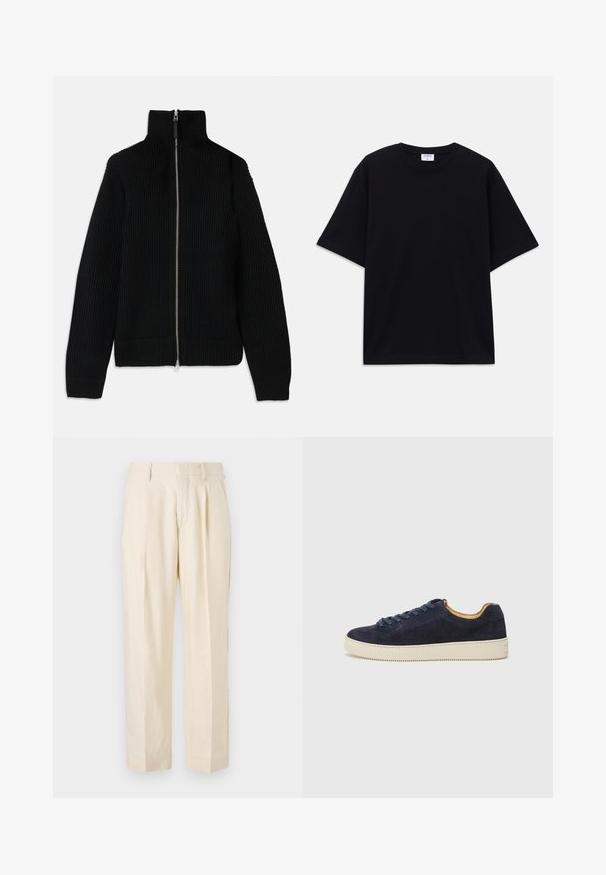 Juodas raukšlėtas megztinis su aukštu apykakle, pilnu užtrauktuku priekyje ir prigludusiomis rankovėmis. Tekstūruotas paviršius ir sraigtinio silueto formos.; Juodas trumpas rankovėmis per didelis marškinėliai su apvaliu iškirpimu ir matoma Filippa K prekės ženklo etiketė vidinėje apykaklės pusėje.; NN.07 KAY - Kelnės - off white; Jūros laivyno zomšiniai žemakulniai sportbačiai su apvaliu nosiu, šviesiai balta guma sole ir atitinkančiomis raištelėmis; turi kontrastingą tan spalvos vidinę pamušalą.