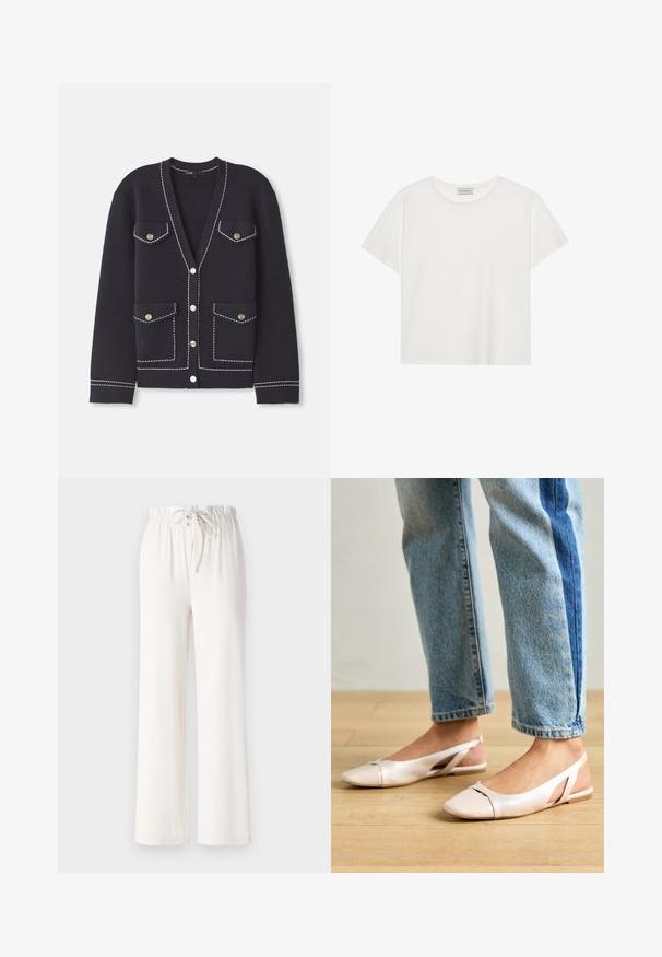Tengerészkék kardigán puha kötött anyagból, kontrasztos fehér varrásokkal, két elülső zsebbel és kerek ezüst gombokkal.; Fehér, rövid ujjú póló, puha pamutból készült. Kerek nyakkivágással és laza szabással rendelkezik. Tiszta dizájn, látható minták vagy díszítések nélkül.; Fehér, bőszárú nadrág, puha anyagból készült, húzózsinóros derékkal és sima felülettel. Nincsenek rajta minták vagy díszítések.; Világos rózsaszín slingback laposlábú cipők, hegyes orral, sima bőrhatású anyagból készült. Oldalt kivágott részletek találhatók rajta, valamint lapos sarkú.