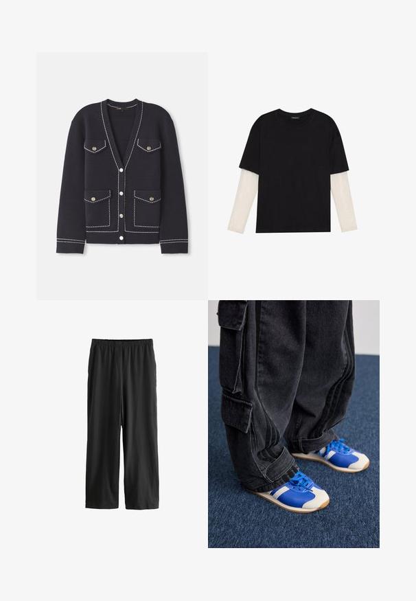 Marinblå cardigan i mjukt stickat tyg med kontrasterande vit söm, som har två framfickor och runda silverknappar.; Svart t-shirt i bomull, med korta ärmar över ett vitt långärmat lager med en subtil texturdesign. Rundad halsringning.; Svarta knälånga byxor tillverkade av lättviktsmaterial. Elastisk midja och slät textur med rak bendesign. Inga synliga detaljer eller mönster.; Person som bär lösa svarta cargobyxor och blåa och vita sneakers stående på en mörkblå matta.