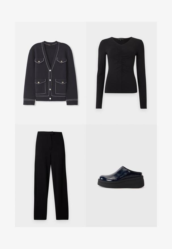Námornícky modrý kardigán vyrobený z mäkkej pleteniny s kontrastným bielym šitím, s dvoma prednými vreckami a okrúhlymi striebornými gombíkmi.; Čierny dlhý rukáv s výstrihom do V a zhromaždeným detailom vpredu, vyrobený z hladkej látky. Priliehavý strih a minimalistický dizajn.; Čierne široké nohavice vyrobené z mäkkého, elastického materiálu. Majú hladký pás a žiadne viditeľné švy ani vrecká. Jednoduchý a všestranný dizajn.; Námornícky modrý lakovaný kožený clogs so hladkým povrchom, ktorý má hrubú čiernu platformu a viditeľné švy pozdĺž spodnej časti.