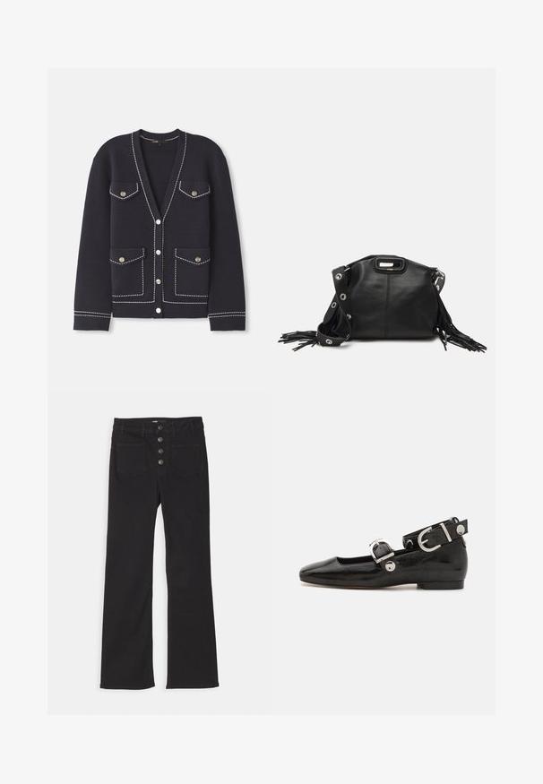 Navy sininen neuletakki, joka on valmistettu pehmeästä neulekankaasta, jossa on kontrastivärisiä valkoisia ompeleita. Takissa on kaksi etutaskua ja pyöreät hopeanväriset napit.; Laadukas tummansininen farkku-paita, jossa on tukeva kaulus, lyhyet hihat ja kaksi etutaskua, joissa on nepparit; valkoiset ompeleet korostavat tyyliä.; Mustat farkut, joissa on leveät lahkeet, korkea vyötärö, viisi taskua ja edessä neljä metallista nappia.; Musta patenttinahkainen tasapohjainen kenkä suoralla varvastyöllä, nilkkahihna hopeisilla yksityiskohdilla ja tasainen pohja. Sileä pinta ja minimalistinen muotoilu.; Maje MISS MINI - Olkalaukku - noir; Kultaketjua roikkuvat korvakorut, joissa on useita putoavia ketjuja, ja selkeitä ovaaleja rhinestone-akselteja sekä koristeelliset niittitoppaukset.