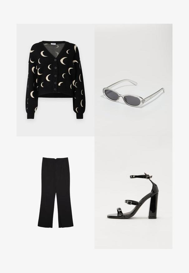 Noisy May NMCHARLOTT V-NECK CARDIGAN - Vest - black; Zwarte mouwloze crop top van soepel materiaal, met een ronde hals en een schone, eenvoudige uitstraling zonder patronen of hardware.; Zwarte broek met een rechte pasvorm, voorzien van zijzakken en plooien aan de onderzijde. Gemaakt van zachte, gladde stof. Geschikt voor verschillende gelegenheden.; Zwarte gepatenteerde sandalen met hak en een vierkante neus, enkelbandjes en zilveren gespen. Heeft een stevige blokhak voor stabiliteit.; Zonnebril met een ovale vorm, helder plastic montuur, donkergrijze glazen en dunne transparante pootjes met logo-accenten en minimale details.