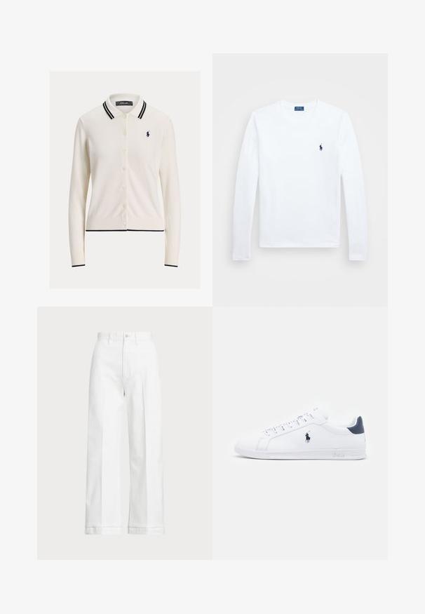 Kremkrāsas kardigāns ar pogu priekšpusi, ribotiem piedurknēm un jūras zilo svītru apkakli. Izceļas ar smalku jūras zilo logotipu kreisajā krūtī.; Balta garām piedurknēm krekls, kokvilnas materiāls, apaļa dekoltē, ar nelielu tumši zilu logotipu kreisajā krūtī. Vienkāršs dizains, regulāra piegriezuma.; Baltas platās bikses ar augstu jostasvietu, ar pogu aizdari un smalkiem izšuvumiem. Izgatavotas no kokvilnas ar gludu tekstūru.; Baltas ādas sporta apavi ar gludu virsmu, jūras zila akcenti un neliels zīmols sānos. Aprīkoti ar plakaniem aukliņām un strukturētu gumijas zoli.