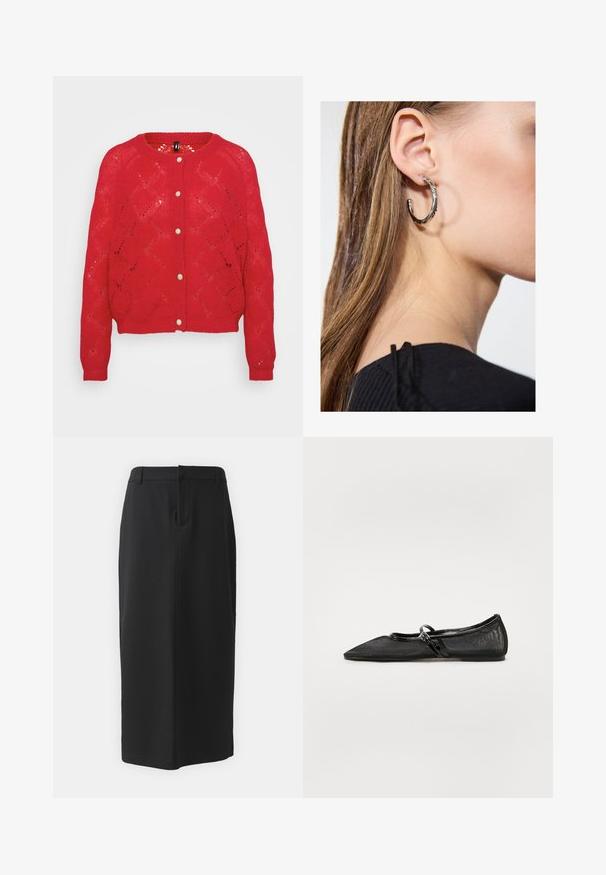 Cardigan tricotat roșu, cu un model în formă de diamant, guler rotund și cinci nasturi din țesătură pe față. Mâneci lungi cu manșete cu nervuri.; Body negru fără mâneci, fabricat dintr-un material neted, elastic, cu un design ajustat, având picior înalt și un stil minimalist.; Fustă creion neagră, până la genunchi, confecționată dintr-un material neted. Prezintă o fanta la spate și buzunare laterale, având un design simplu și o culoare neutră.; Pantofii negri cu talpă plată, vârf ascuțit, partea superioară din plasă și accente din piele veritabilă. Prezintă o curea subțire cu un detaliu hardware circular.; Cercel din argint cu un finisaj polișat, având detalii mici din aur și o formă rotundă, purtat pe lobul urechii.
