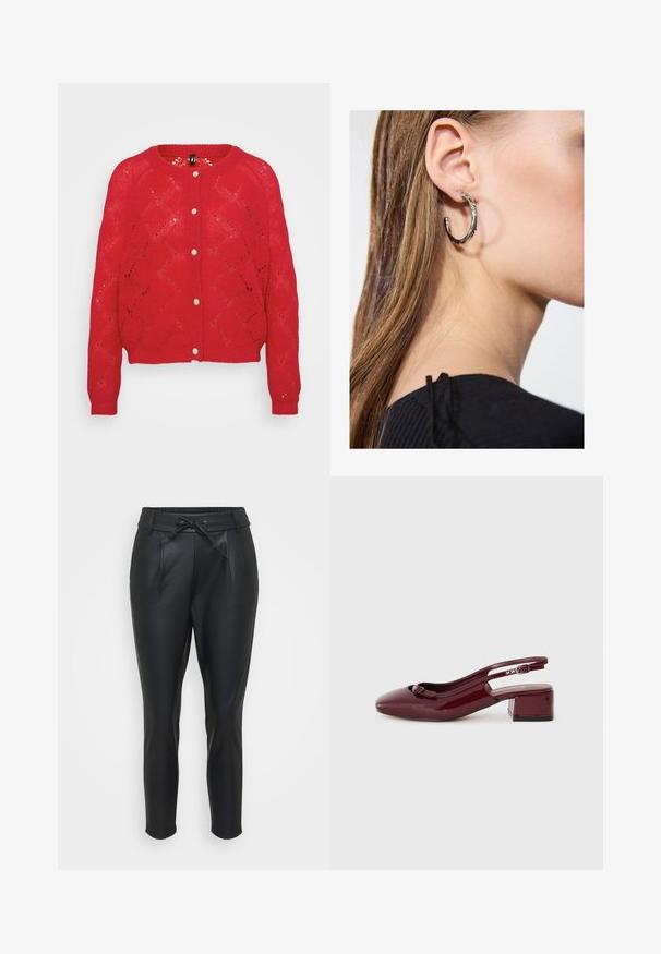 Red knitted cardigan featuring a diamond pattern, round neckline, and five fabric buttons down the front. Long sleeves with ribbed cuffs.; Black long-sleeve top made from stretchy fabric, featuring a boat neckline and gathered detailing along the sides for a fitted look.; Black, faux leather pants with an elastic waistband, front pleats, and a drawstring closure. Tapered fit with a smooth texture.; Burgundy patent leather slingback shoe with a square toe, small block heel, and a decorative bow detail on the front strap.; Silver hoop earring with a polished finish, featuring small gold accent details and a round shape, worn on the lobe.