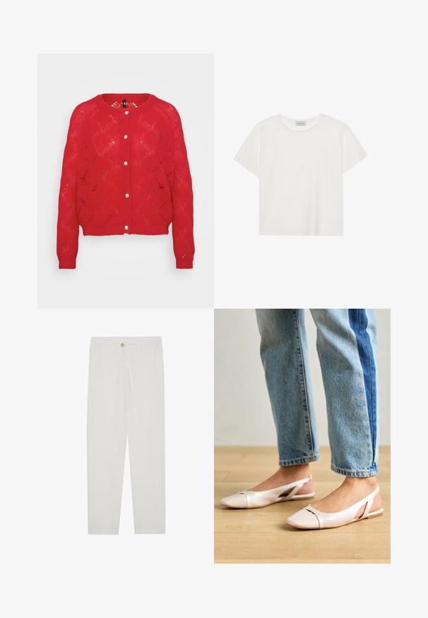 Punainen neulecardigan, jossa on timantinmuotoinen kuvio, pyöreä pääntie ja viisi kangaspainiketta edessä. Pitkät hihat ribbauspäissä.; Valkoinen lyhythihainen T-paita, joka on valmistettu pehmeästä puuvillasta. Siinä on pyöreä kaula-aukko ja rento istuvuus. Siisti muotoilu ilman näkyviä kuvioita tai yksityiskohtia.; Valkoiset, muotoon ommellut housut, joissa on suora lahjerakenne, napillinen sulkeminen, vyölenkit ja sivutaskut; sileä kangas.; Vaaleanpunaiset slingback-ballerinat, joissa on terävä kärki, valmistettu sileästä nahkamaisesta materiaalista. Sivujen leikkuuyksityiskohdat ja tasapohja.