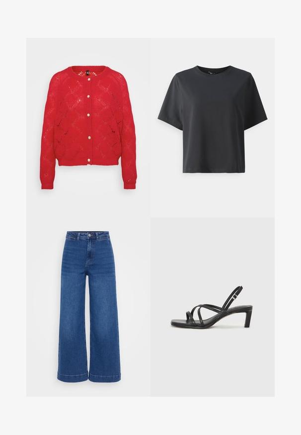 Cardigan rosso lavorato a maglia con motivo a diamante, scollatura rotonda e cinque bottoni di tessuto sul davanti. Maniche lunghe con polsini a costine.; T-shirt di cotone nero, maniche corte, collo a giro, vestibilità comoda, texture liscia, design semplice, senza motivi o dettagli.; Jeans a vita alta con gamba larga in denim blu medio, dotati di chiusura con bottone, passanti per cintura e orlo pulito senza sfilacciature.; Sandalo nero con cinturini, dalla punta squadrata e tacco basso a blocco. Presenta diversi cinturini sottili e una cinturini regolabile alla caviglia. Realizzato in pelle liscia.