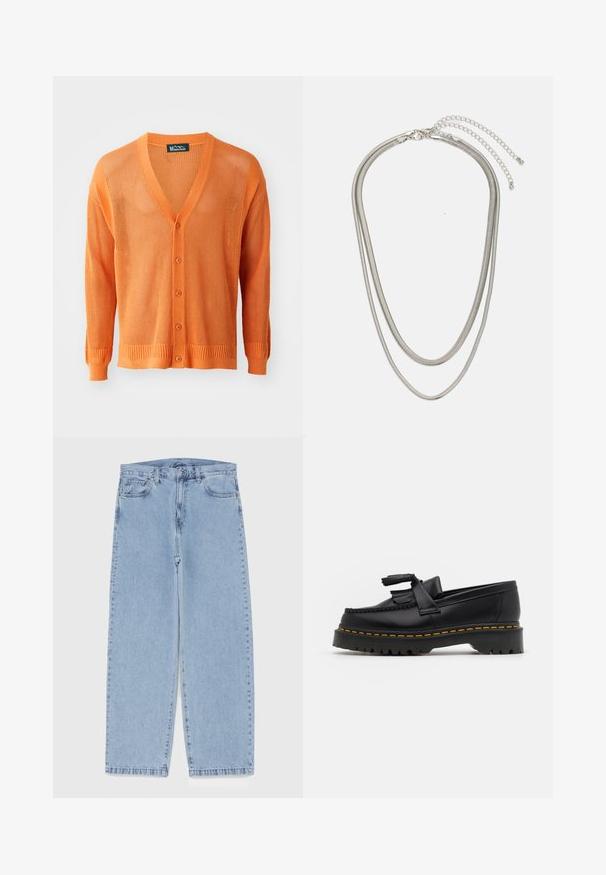 Knitted orange cardigan featuring a V-neck, button front, long sleeves, and ribbed cuffs and hem. The texture is open-weave.; FC Barcelona jersey featuring blue and red vertical stripes, Nike logo, and Spotify graphic in the center. Made from breathable fabric.; Light blue denim jeans with straight leg design, featuring a mid-rise waist, five pockets, and a button and zipper closure.; Black leather loafer with a tasseled accent, featuring a chunky black sole and yellow stitching along the edge. Textured finish.; Three-layered silver metal necklace featuring sleek, flexible chains with a slight sheen, secured with a lobster clasp and adjustable chain.