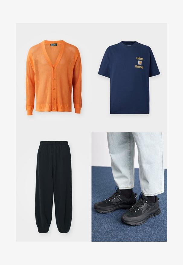 Knitted orange cardigan featuring a V-neck, button front, long sleeves, and ribbed cuffs and hem. The texture is open-weave.; Navy blue cotton t-shirt with short sleeves, featuring gold text "Carhartt University" and a logo patch on the left chest.; Black, elasticated-waist sweatpants with a loose fit, cuffed ankles, smooth texture, and no visible patterns or hardware accents.; Black athletic shoes with textured fabric and rubber soles, featuring elastic laces and a blue accent on the heel. Worn with light denim pants.