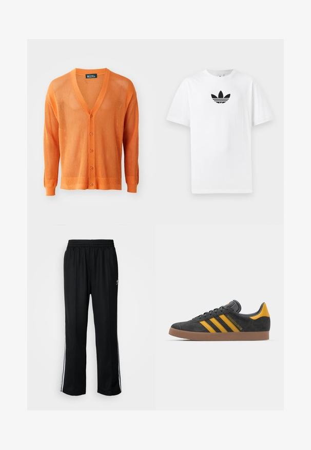 Knitted orange cardigan featuring a V-neck, button front, long sleeves, and ribbed cuffs and hem. The texture is open-weave.; White cotton T-shirt featuring a black Adidas logo at the center. Short sleeves and a crew neck design. Smooth texture.; Black athletic pants with an elastic waistband, featuring white side stripes and a small logo. Material appears soft and lightweight.; Black suede sneaker with yellow accents, featuring three stripes and a brown rubber sole. Includes a padded tongue for comfort.