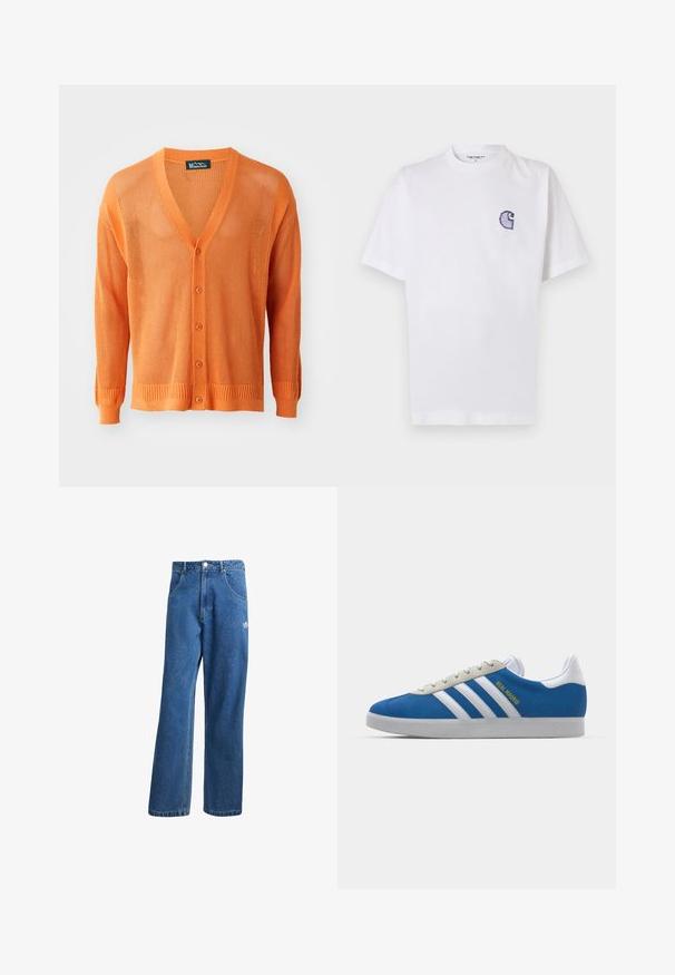 Pleteni narančasti kardigan s V-izrezom, prednjim gumbima, dugim rukavima te rebrastim manžetama i donjim rubom. Tekstura je prozračna.; Bijela pamučna majica kratkih rukava, s okruglim izrezom i malim, plavim izvezenim logom "C" na lijevoj strani prsa.; Plave farmerke visokog struka sa širokim nogavicama, prednjim džepovima, petljama za remen, zatvaranjem na dugme i malim Adidas logotipom na desnom bedrima.; adidas Originals ADIDAS GAZELLE SHOES - Dvoranske nogometne kopačke - real madrid/bluebird/footwear white/crew yellow