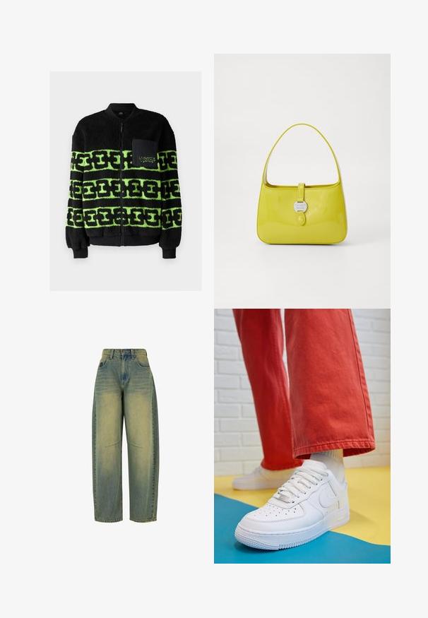 Crna flis jakna s zelenim grafičkim uzorkom, zatvaranje na zip, rebrasti manžeti i prednji džep s vezom.; Bijela majica kratkih rukava izrađena od mekanog materijala. Ima okrugli izrez i jednostavan, čist dizajn s ravnim rubom.; Široke traperice svijetloplave boje s izbljeđenom teksturom. Imaju pet džepova i visoki struk. Čista rub i suptilni detalji šavova.; Bijele kožne tenisice s perforiranim prednjim dijelom, teksturiranim đonom i bijelim vezicama, u kombinaciji s širokim crvenim hlačama i plavo-žutom pozadinom.; Žuta patentirana kožna torbica s strukturiranim oblikom, gornjom drškom i prednjim zakretnim zatvaračem s kružnim metalnim logotipom.