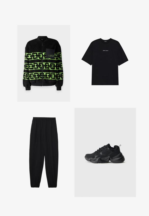 Čierna fleecová bunda so zeleným grafickým vzorom, so zipsom, rebrovanými manžetami a prednou kapsou s vyšívaným detailom.; Čierne bavlnené tričko s voľným strihom. Má krátke rukávy a zaoblený výstrih. Na prednej strane je bielo umiestnený text "Pozitívne úprimne".; Čierne, ľahké nohavice s elastickým pásom a zúženými nohavicami. Tkanina je hladká a má voľný, zúžený strih.; Čierne tenisky s kombináciou hladkých a textúrovaných materiálov, s hrubými podrážkami, zaobleným tvarom a dekoratívnym prešívaním. Majú mäkký, plyšový lem.