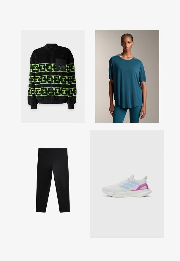 Giacca di pile nera con un motivo grafico verde, chiusura a zip, polsini a coste e tasca frontale con dettaglio ricamato.; Top corto teal a maniche corte con scollatura rotonda, tessuto morbido e vestibilità comoda. L'orlo è leggermente curvato, in abbinamento a leggings coordinati.; Leggings capri neri realizzati in tessuto elasticizzato, con vita alta e una superficie liscia. Nessun motivo visibile o decorazioni.; adidas Performance PUREBOOST 5 - Scarpe da corsa su strada - white/glow blue/purple burst