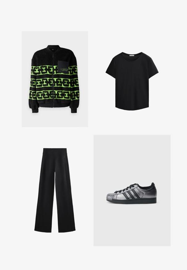 Črna flis jakna z zelenim grafičnim vzorcem, zadrgo, rebrastimi manšetami in spredenim žepom z vezenim detajlom.; Črna kratkotrajna majica s kratkimi rokavi, okroglim izrezom in perforirano mrežasto obrobo na rami. Gladek material, sproščen kroj, ukrivljen rob.; Široke črne hlače iz mehkega materiala, z visokim pasom in dvema žepoma z zadrgo, z diskretnimi šivi ob straneh.; Črni in kovinsko srebrni športni copati z zaobljenim prstom, tremi črnimi črtami ter teksturiranim zgornjim delom. Črne vezalke in gumijasti podplat.