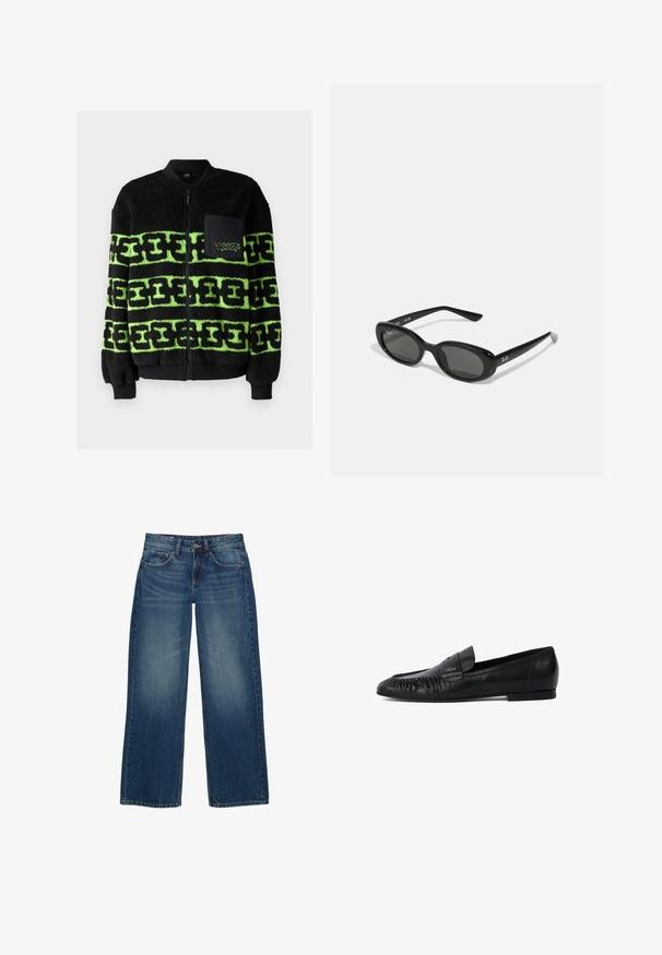 Mustan fleece-takin, jossa on vihreä graafinen kuviio, vetoketjukiinnitys, ribbikujat ja etutasku brodeerauksella.; Lyhythihainen musta paita, jossa on valkoiset raidat, etupuolella brodeerattu numero "10" ja "+ TEAMGEIST". Valmistettu pehmeästä ja hengittävästä materiaalista.; Siniset leveälahkeiset farkut, joissa on haalistunut pesu, viisi taskua ja kontrastoiva tikkaus. Suljetaan napilla ja vetoketjulla.; Mustat nahkakengät, joissa on pyöristetty kärki, edessä tikkaukset ja tasapohja. Minimalistinen muotoilu, jossa on hienovarainen logo.; Mustat aurinkolasit, joissa on soikeat linssit, kiiltävä muovikehys ja kapeat varret. Sivussa on valkoinen Ray-Ban-logo.