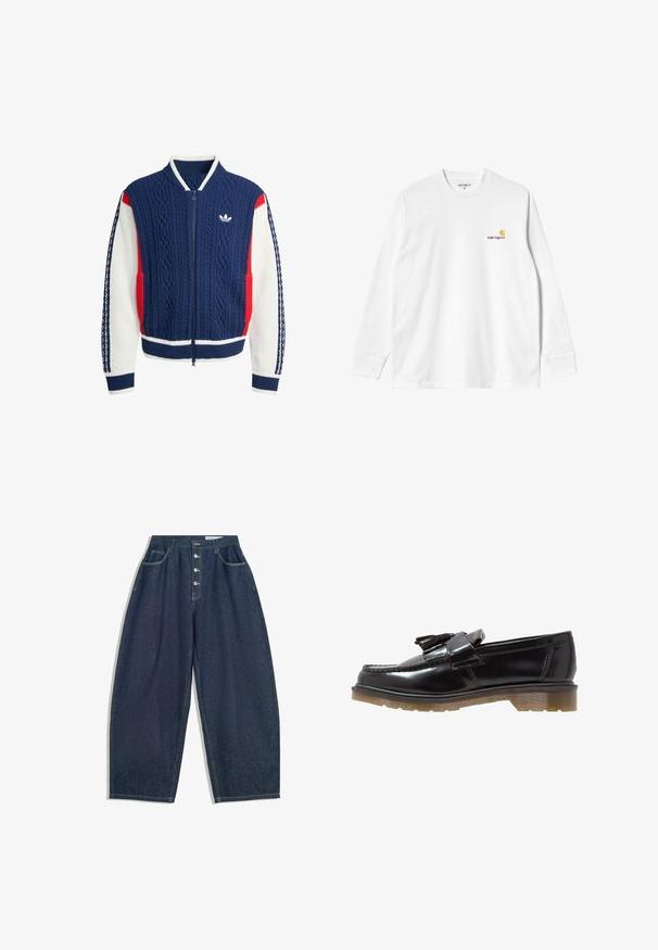Temno modra, bela in rdeča pletena jakna z zadrgo, z vzorcem kabelov, rebrastim ovratnikom, manšetami in logotipom Adidas na prsih.; Dolga majica iz belega bombaža s kratkimi rokavi in krojnim izrezom, ki ima majhen rumen in bordo logotip na levem prsnem delu. Brezšivne manšete in rob.; Temno modri široki traper hlače z visokim pasom, petim gumbom in petimi žepi. Opremljene so s stikom na šivih.; Črne lakirane loafer čevlje s pletenim dizajnom, dodatkom v modi in debelim, teksturiranim gumijastim podplatom. Stranski pogled prikazuje eleganten silhuet.