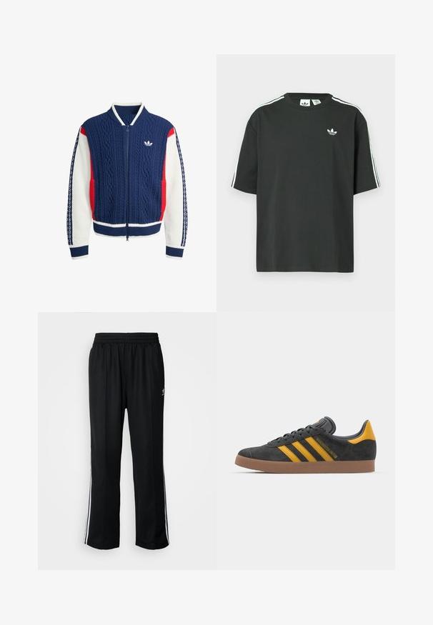 Casaco de malha com fecho éclair nas cores azul-marinho, branco e vermelho, com padrão de cabos, gola e punhos canelados, e logotipo da Adidas no peito.; T-shirt preta de algodão com mangas curtas, gola redonda e detalhe branco de três riscas nos ombros. Apresenta um pequeno logotipo branco no peito.; Calças atléticas pretas com um cós elástico, apresentando riscas brancas laterais e um pequeno logótipo. O material parece macio e leve.; Tenis em camurça preta com detalhes amarelos, apresentando três riscas e uma sola de borracha castanha. Inclui uma língua acolchoada para maior conforto.