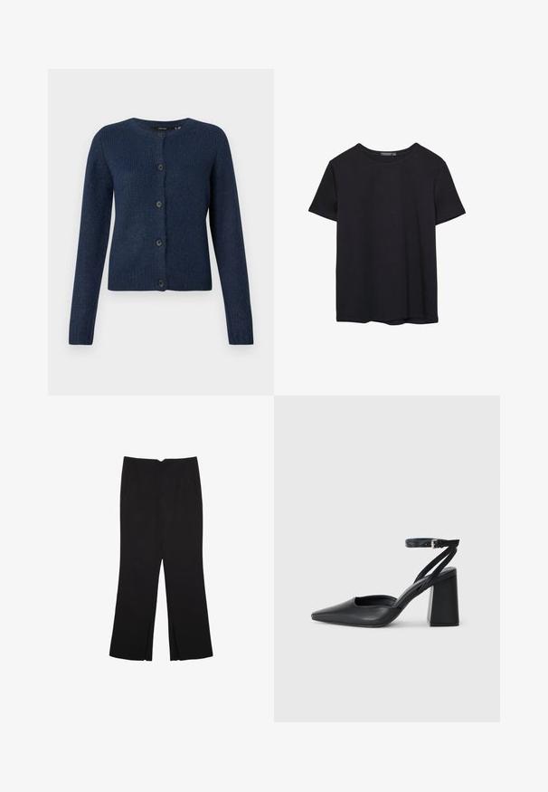 Mornarsko modra jopica iz mehkega, teksturiranega materiala, s krožnim izrezom, dolgimi rokavi in šestimi črnimi gumbi spredaj.; Enostavna črna bombažna majica s kratkimi rokavi in okroglim izrezom, prikazana na belem ozadju.; Črne hlače ravnega kroja z naglavnimi žepi in stranskimi razporki na robu. Narejene iz mehke, gladke tkanine. Primerne za različne priložnosti.; Črne usnjene klasične čevlje z ostrim nosom, z zaponko za gleženj in debelim peto. Ravna tekstura, eleganten dizajn in minimalistična estetika.