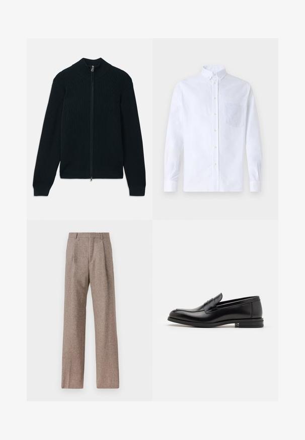 Temno rebrast zip-up pulover z visokim ovratnikom, ki ima gladek zadrgo in prilegajoče se manšete. Narejen iz strukturnega, elastičnega materiala.; Bela dolgo rukava srajca s kragnico, izdelana iz bombaža, z žepom na prsih in toniranimi vezeninami ter gumbi na manšetah.; Rjave hlače z visokim pasom, izdelane iz teksturirane tkanine. Imajo široke noge in dve sprednji pregibi za strukturo. Urejen zaključek brez vidne strojne opreme.; Črne usnjene loafer čevlje z gladko teksturo, zaobljenim nosom in dekorativnim trakom čez zgornji del. Nizka zložena peta, minimalističen dizajn.