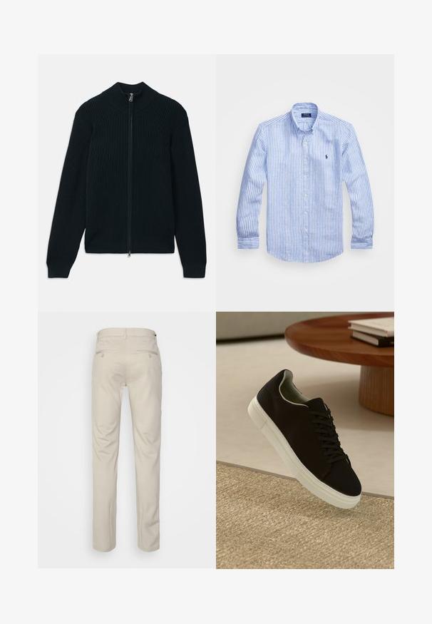 Dark ribbed zip-up sweater with a high collar, featuring a smooth zipper and fitted cuffs. Made from a textured, stretchy fabric.; Blue and white striped long-sleeve shirt made of cotton, featuring a button-down collar, front buttons, and a small embroidered logo on the chest.; Beige trousers with a smooth texture, straight cut, two back pockets with buttons, and a standard waistband.; Black sneaker with white sole floating above beige textured rug near round wooden table with stacked books.