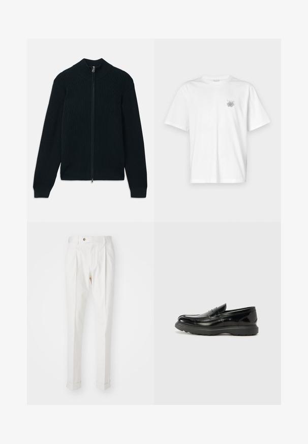 Suéter escuro canelado com fecho zip, apresentando um colarinho alto, um fecho suave e punhos ajustados. Feito de um tecido texturizado e elástico.; Camisa branca de algodão com mangas curtas, gola redonda e um pequeno logótipo cinza na área do peito esquerdo. Textura suave.; Calças brancas, ajustadas, com frente lisa, duas pregas e bainhas viradas. Feitas de um tecido suave com fecho de botão na cintura.; Mocassim de couro preto com acabamento brilhante, bico arredondado, detalhes de costura subtil e sola de borracha espessa para durabilidade.
