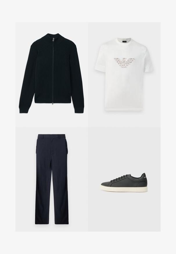 Σκοτεινό πλεκτό ζιβάγκο με φερμουάρ και ψηλό γιακά, με ομαλό φερμουάρ και ελαστικούς καρπούς. Κατασκευασμένο από υφαντό, ελαστικό ύφασμα.; Λευκό βαμβακερό t-shirt με κοντά μανίκια και στρογγυλή λαιμόκοψη. Περιλαμβάνει ένα κεντρικό λογότυπο σε ροζ και καφέ αποχρώσεις.; Παντελόνι ναυτικού χρώματος από ελαφρύ ύφασμα, με χαλαρή γραμμή, επίπεδο μπροστινό μέρος και πλαϊνές τσέπες για πρακτικότητα. Λείο υφή, χωρίς ορατά μοτίβα.; Μαύρο δερμάτινο αθλητικό παπούτσι με χαμηλό προφίλ, στρογγυλή μύτη και κλείσιμο με κορδόνια. Διαθέτει υφή ελαστική σόλα και λεπτομέρεια λογότυπου στη φτέρνα.