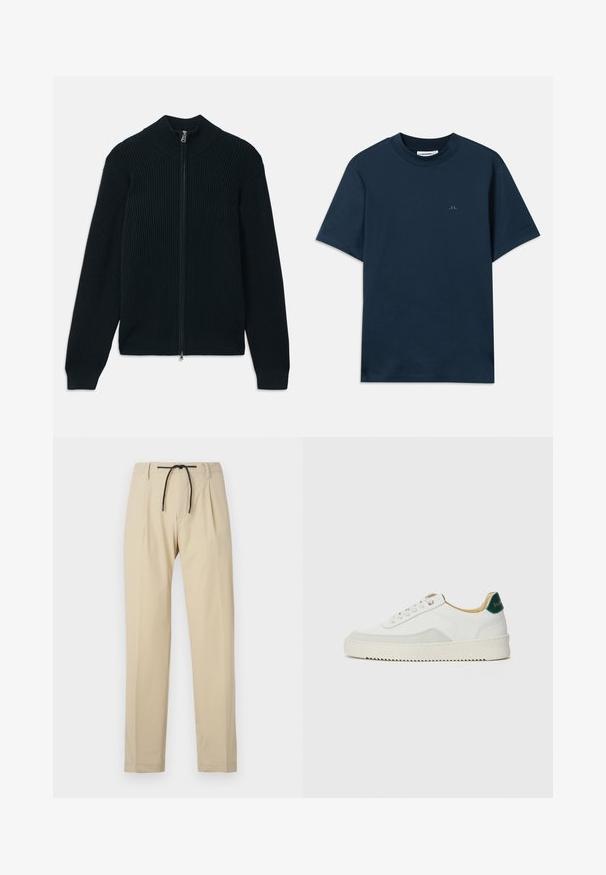 Suéter escuro canelado com fecho zip, apresentando um colarinho alto, um fecho suave e punhos ajustados. Feito de um tecido texturizado e elástico.; T-shirt de algodão azul-marinho com gola redonda, mangas curtas e um logótipo discreto estampado no peito. Textura suave e corte clássico.; Calças bege com corte reto, apresentando um cós com cordão, frente plissada e textura suave. Design simples e versátil.; Tênis brancos com detalhes em camurça, bico arredondado, atacadores planos e sola de borracha creme. Apresenta uma marcação verde no calcanhar.