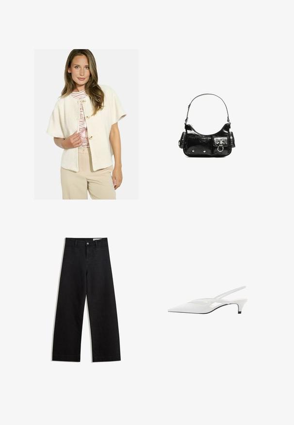 Kremni kardigan z ribjo kostjo in kratkimi rokavi, z zlatimi gumbi za zapenjanje. Obut je čez črtasto srajco in bež hlače.; Bela dolga majica s dolgimi rokavi iz rebraste tkanine, ki ima okroglo ovratnico in ravno rob. Preprost, enobarven dizajn.; Črne široke denim hlače z visokim pasom, ki imajo sprednje in zadnje žepe, šivane šive ter gumbasto zapiranje. Gladka tekstura.; Bela slingback peta z ošiljenim nosom, z gladkim zgornjim delom, subtilnimi izrezi in nizkim blok petkom. Črna podplat poudarja dizajn.; Črna lakasta usnjena torbica s ukrivljeno obliko, enim ramenskim trakom, sprednjimi žepi in srebrnimi kovinskimi dodatki.