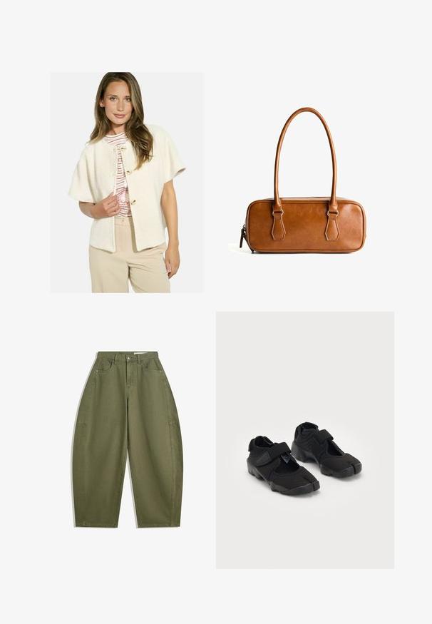 Cream herringbone-patterned cardigan with short sleeves, featuring gold-button fastenings. Worn over a striped shirt and beige trousers.; Long-sleeve crew neck shirt in cream with horizontal maroon stripes, featuring a relaxed fit and soft, smooth fabric texture.; Olive green wide-leg pants made of cotton, featuring a high waist, front pockets, and a smooth texture. No embellishments or patterns.; Black water shoes made of flexible fabric with a Velcro strap, featuring a unique split-toe design and textured rubber sole for grip.; Brown leather handbag with two long handles, rectangular shape, smooth texture, zip closure, and silver-tone hardware accents.